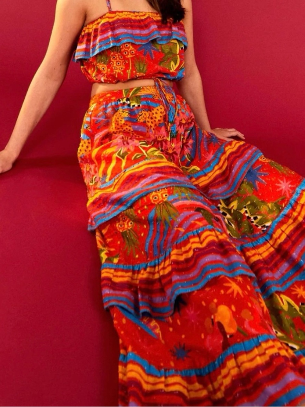 FARM Rio Tiered Maxi Skirt with Magic Forest Print, NWT, size small